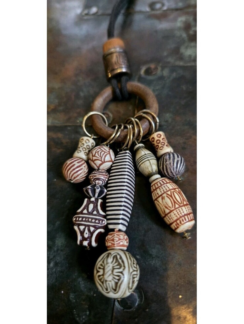 Ceramic Carved Tan Beads Tribal Style Necklace 32" On Black Cord